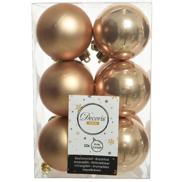 Kerstballen - 12x st - lichtbruin - 6 cm - kunststof - glans/mat - kerstversiering - Kerstbal