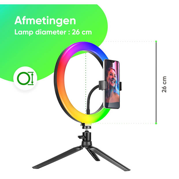 Ringlamp met Tripod - 26 cm - RGB verlichting - Verschillende kleuren - 9cm hoogte