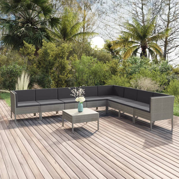 vidaXL 9-delige Loungeset met kussens poly rattan grijs