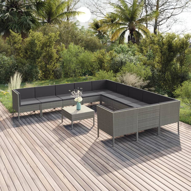 vidaXL 12-delige Loungeset met kussens poly rattan grijs