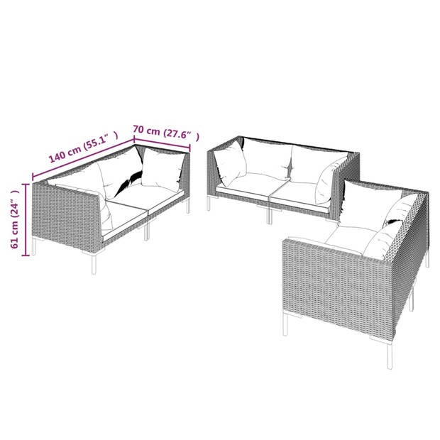 vidaXL 6-delige Loungeset met kussens poly rattan donkergrijs