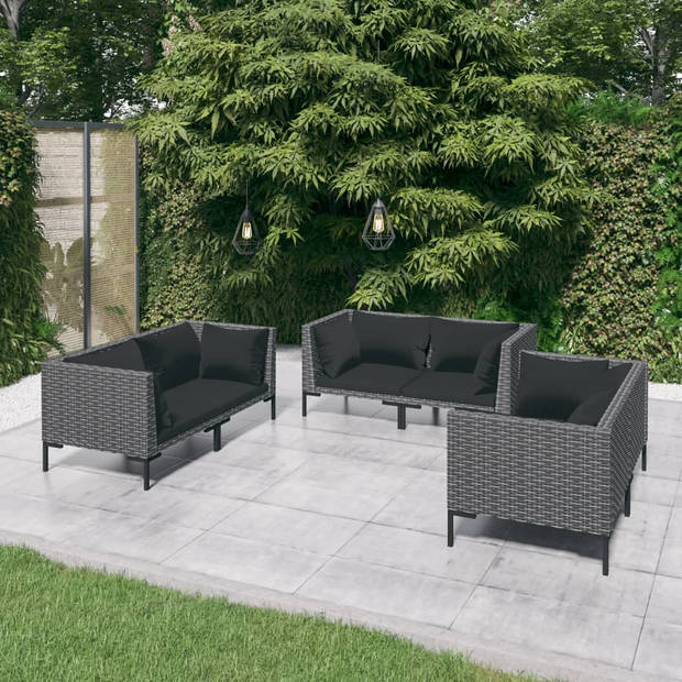 vidaXL 6-delige Loungeset met kussens poly rattan donkergrijs