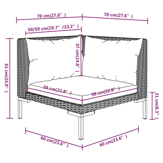 vidaXL 6-delige Loungeset met kussens poly rattan donkergrijs