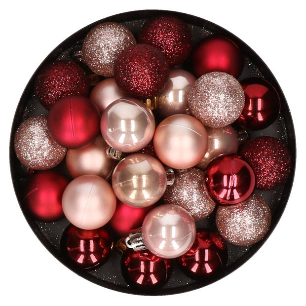28x stuks kunststof kerstballen donkerrood en lichtroze mix 3 cm - Kerstbal
