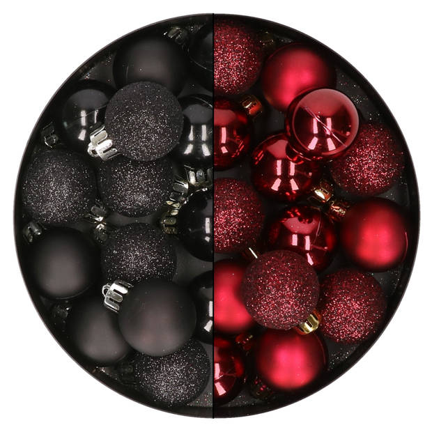 28x stuks kleine kunststof kerstballen zwart en bordeaux rood 3 cm - Kerstbal