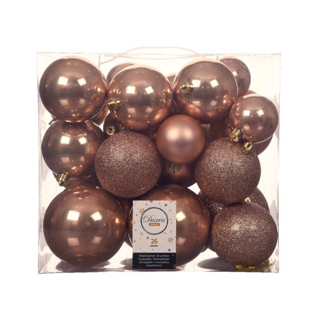 Set van 26x stuks kunststof kerstballen incl. glazen piek mat toffee bruin - Kerstbal