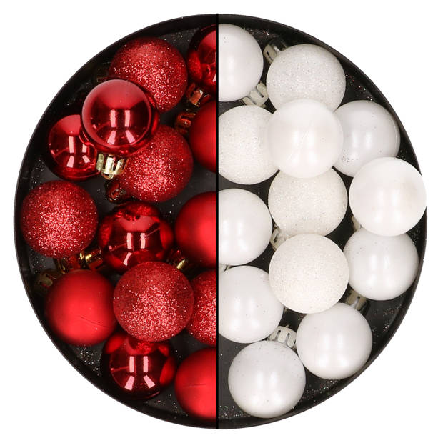 28x stuks kleine kunststof kerstballen wit en rood 3 cm - Kerstbal