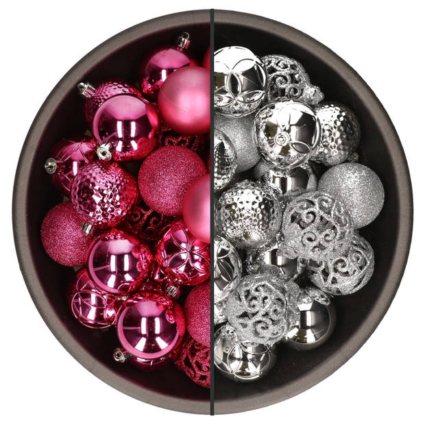 74x stuks kunststof kerstballen mix van fuchsia roze en zilver 6 cm - Kerstbal