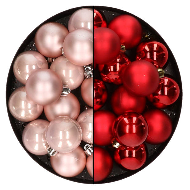 32x stuks kunststof kerstballen mix van lichtroze en rood 4 cm - Kerstbal