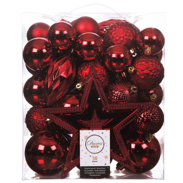 56x stuks kunststof kerstballen en ornamenten met ster piek rood - Kerstbal