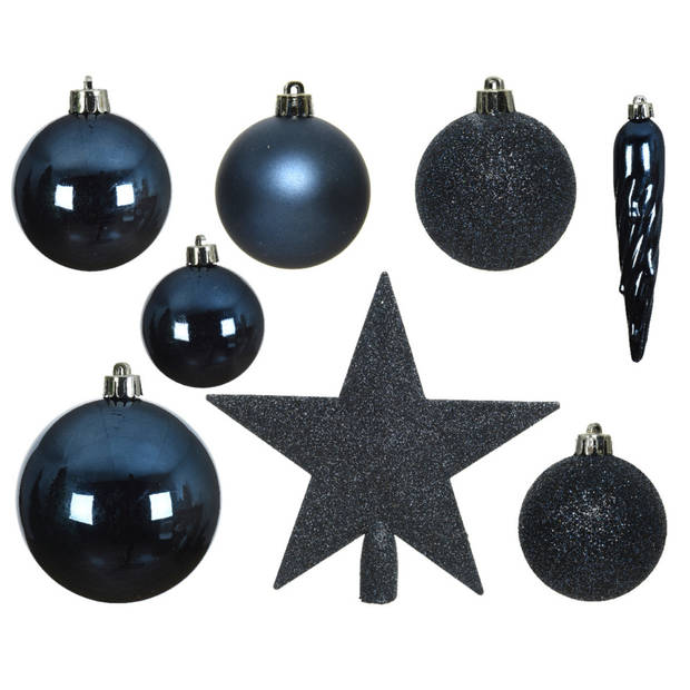 70x stuks kunststof kerstballen met ster piek donkerblauw mix - Kerstbal