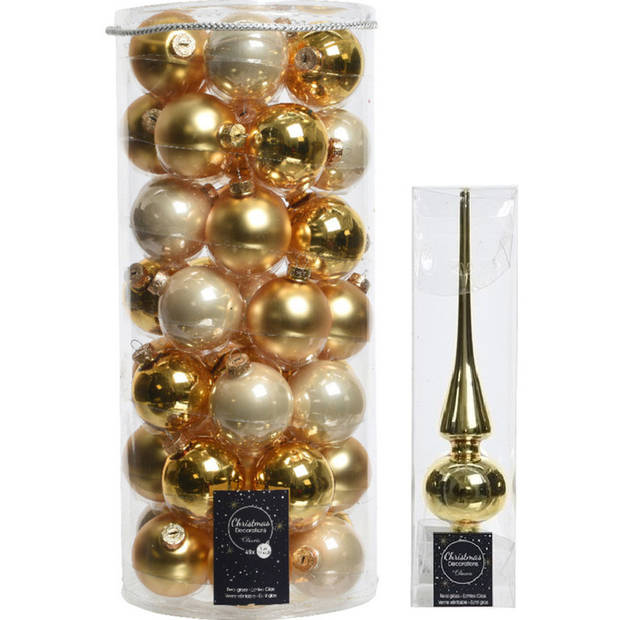 49x stuks glazen kerstballen goud 6 cm inclusief gouden piek - Kerstbal