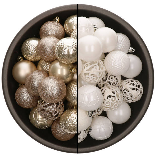 74x stuks kunststof kerstballen mix van champagne en wit 6 cm - Kerstbal