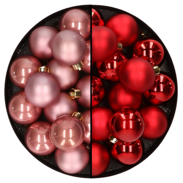 32x stuks kunststof kerstballen mix van oudroze en rood 4 cm - Kerstbal