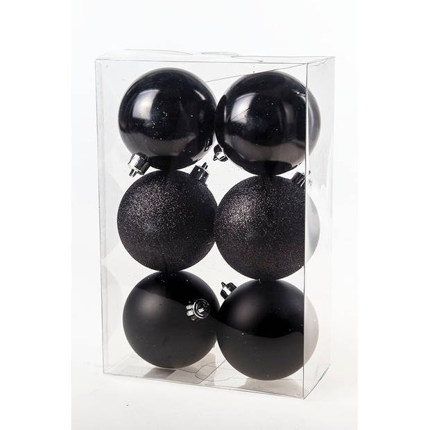 6x Zwarte kerstballen 8 cm kunststof mat/glans/glitter - Kerstbal
