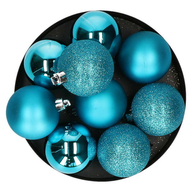 9x stuks kerstballen turquoise blauw glans en mat kunststof 6 cm - Kerstbal