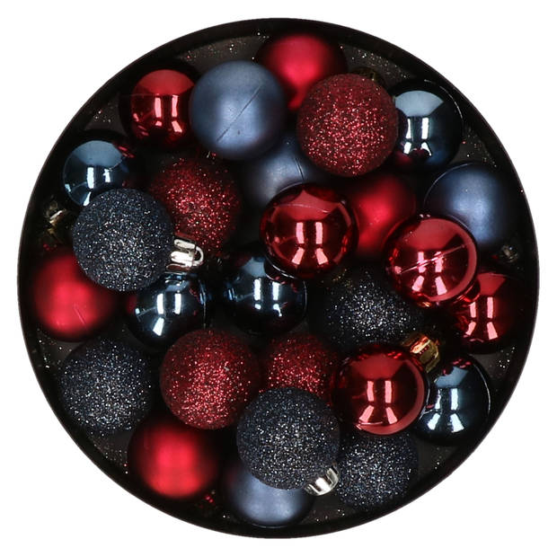 28x stuks kunststof kerstballen donkerrood en donkerblauw mix 3 cm - Kerstbal