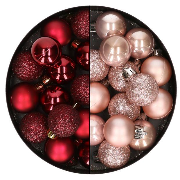 28x stuks kleine kunststof kerstballen zachtroze en bordeaux rood 3 cm - Kerstbal