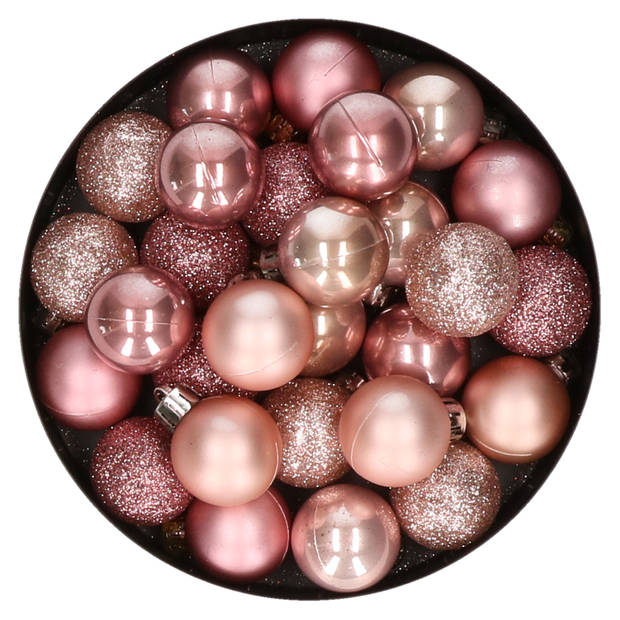 Kleine kerstballen - 28x st - roze/lichtroze - D3 cm - kunststof - Kerstbal