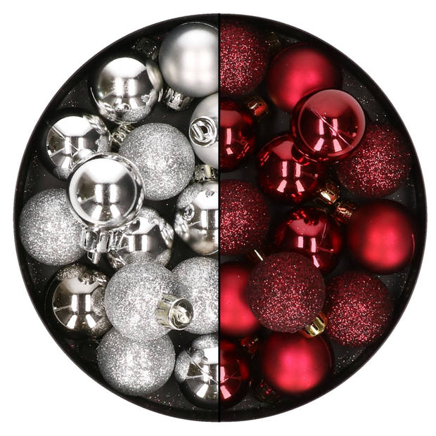 28x stuks kleine kunststof kerstballen bordeaux rood en zilver 3 cm - Kerstbal