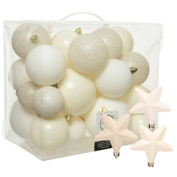 Pakket 32x stuks kunststof kerstballen en sterren ornamenten wol wit - Kerstbal