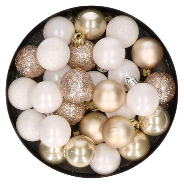 28x stuks kunststof kerstballen parel/champagne en wit mix 3 cm - Kerstbal
