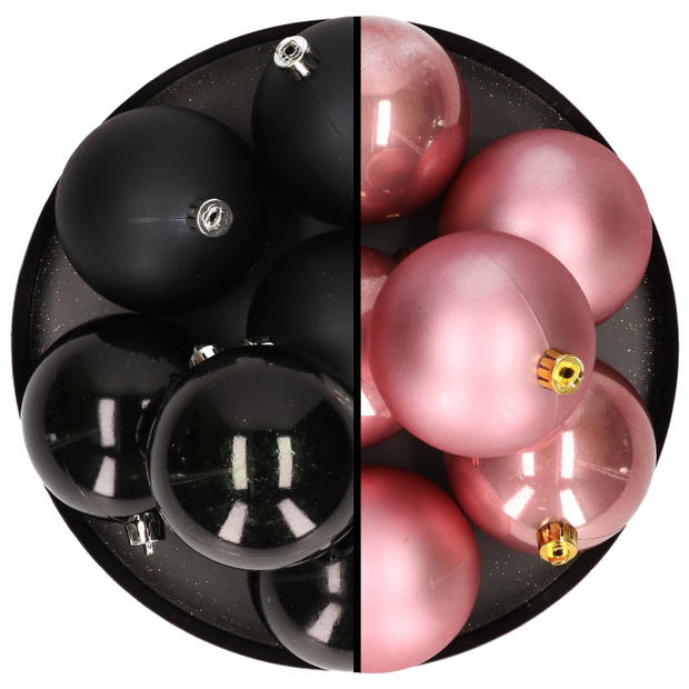 12x stuks kunststof kerstballen 8 cm mix van zwart en velvet roze - Kerstbal