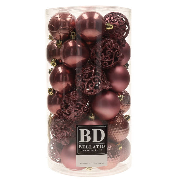74x stuks kunststof kerstballen mix van velvet roze en donkergroen 6 cm - Kerstbal