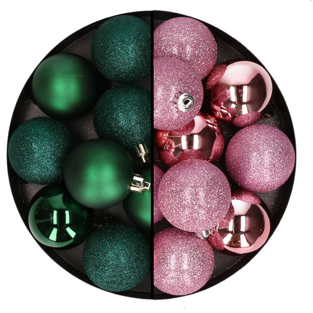 24x stuks kunststof kerstballen mix van donkergroen en roze 6 cm - Kerstbal