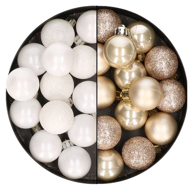 28x stuks kleine kunststof kerstballen wit en champagne 3 cm - Kerstbal