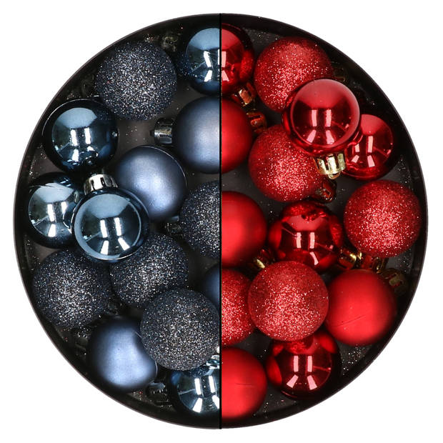 28x stuks kleine kunststof kerstballen donkerblauw en bordeaux rood 3 cm - Kerstbal