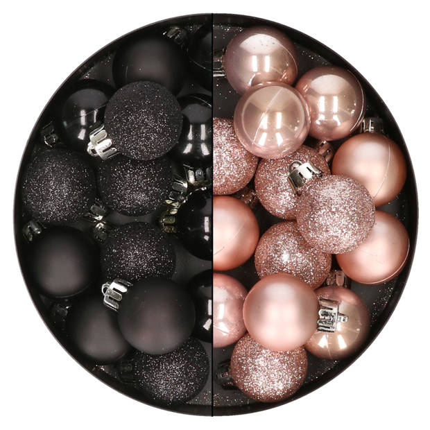 28x stuks kleine kunststof kerstballen zwart en zachtroze 3 cm - Kerstbal