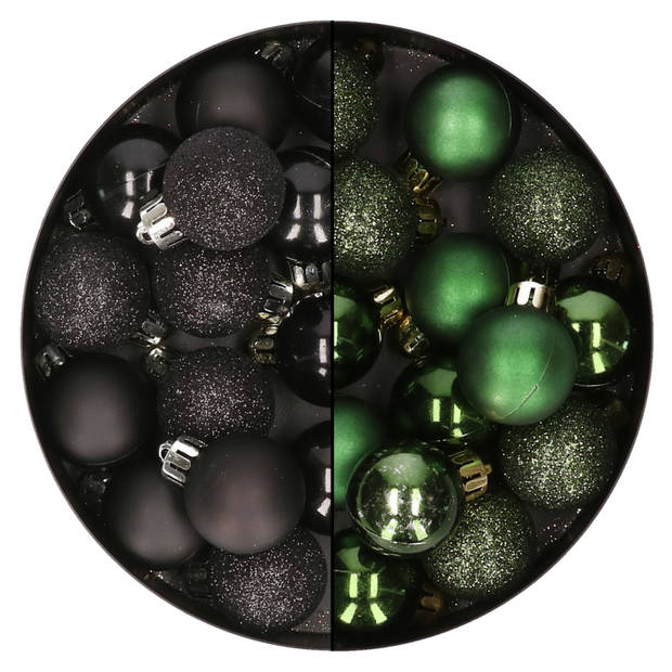 28x stuks kleine kunststof kerstballen zwart en dennengroen 3 cm - Kerstbal