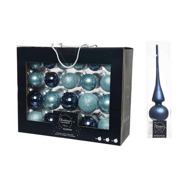42x stuks glazen kerstballen ijsblauw (blue dawn)/donkerblauw 5-6-7 cm inclusief donkerblauwe piek - Kerstbal