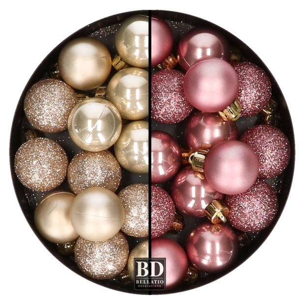 28x stuks kunststof kerstballen parel/champagne en oudroze mix 3 cm - Kerstbal