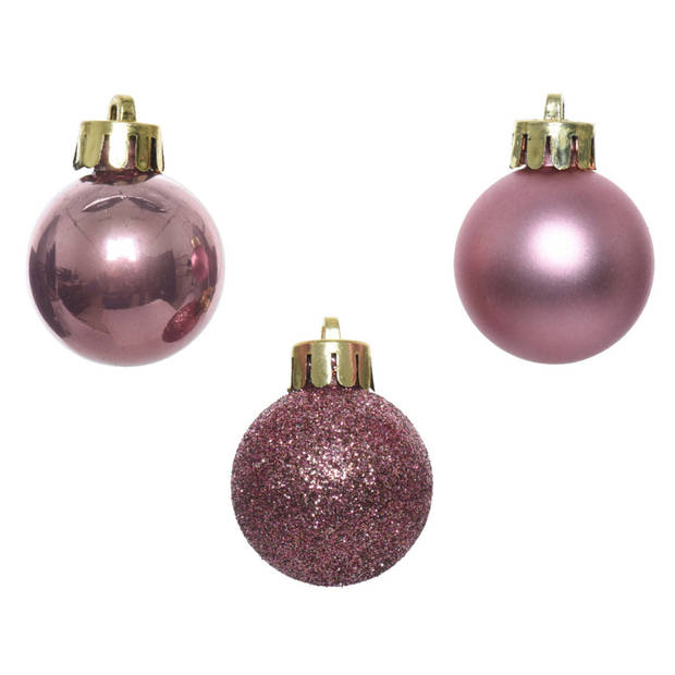 28x stuks stuks kunststof kerstballen wit en velvet roze 3 cm - Kerstbal
