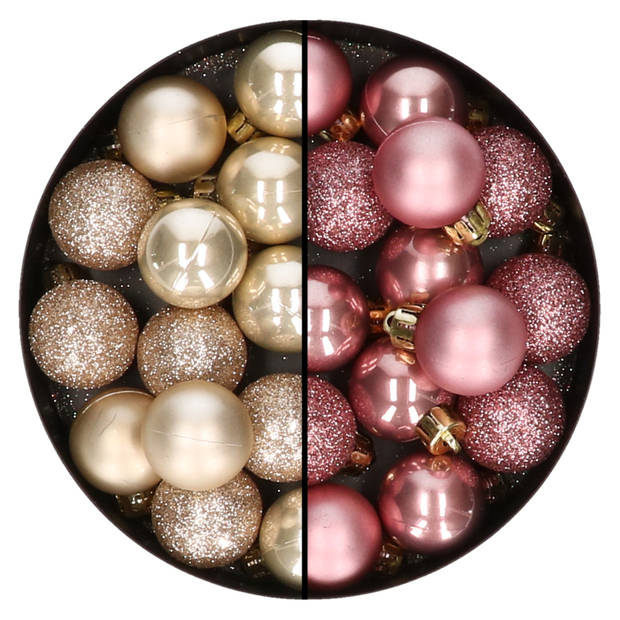 28x stuks kunststof kerstballen parel/champagne en oudroze mix 3 cm - Kerstbal