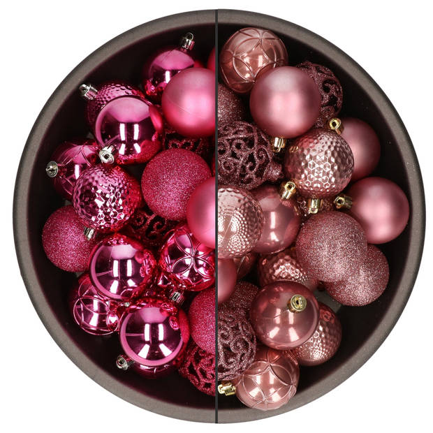 74x stuks kunststof kerstballen mix van fuchsia roze en oudroze 6 cm - Kerstbal