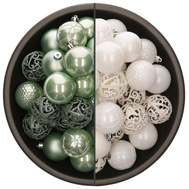 74x stuks kunststof kerstballen mix van mintgroen en wit 6 cm - Kerstbal