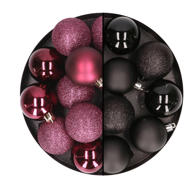 24x stuks kunststof kerstballen mix van aubergine en zwart 6 cm - Kerstbal
