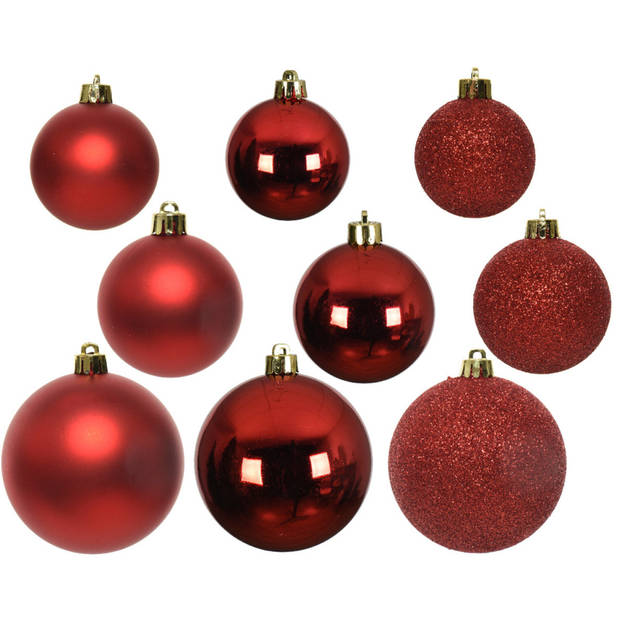 Kerstversiering kunststof kerstballen 6-8-10 cm met golf folieslingers pakket rood van 28x stuks - Kerstbal