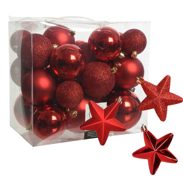 Pakket 32x stuks kunststof kerstballen en sterren ornamenten rood - Kerstbal