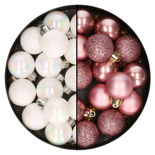 28x stuks kleine kunststof kerstballen dusty roze en parelmoer wit 3 cm - Kerstbal