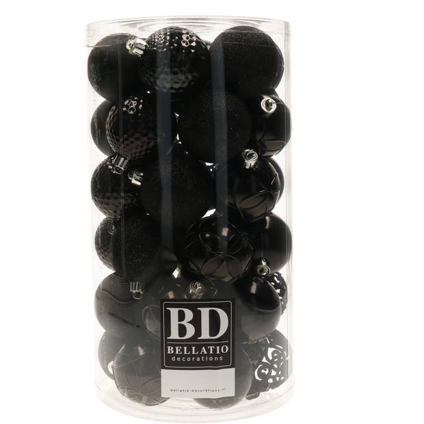 74x stuks kunststof kerstballen mix zwart en oudroze 6 cm - Kerstbal