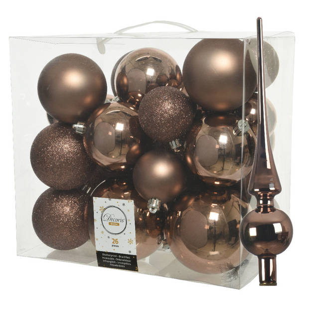 Set van 26x stuks kunststof kerstballen incl. glazen piek glans walnoot bruin - Kerstbal