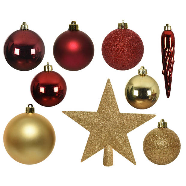 33x stuks kunststof kerstballen met piek 5-6-8 cm rood/goud incl. haakjes - Kerstbal