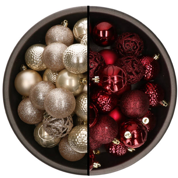 74x stuks kunststof kerstballen mix van champagne en donkerrood 6 cm - Kerstbal