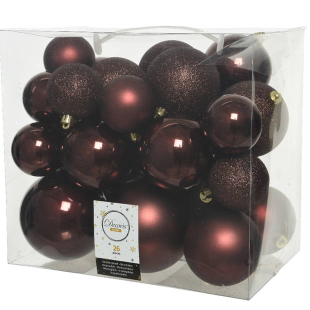 26x stuks kunststof kerstballen mahonie bruin 6-8-10 cm glans/mat/glitter - Kerstbal