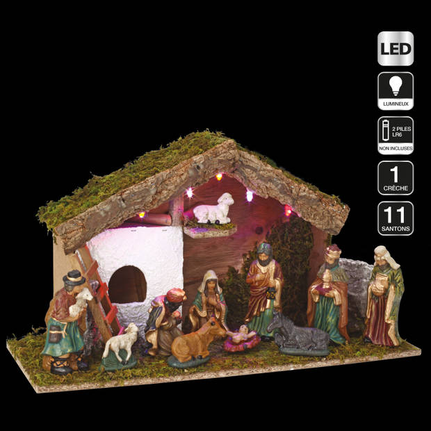 Feeric lights & Christmas Kerstal - met figuren - verlicht - L46 x B17 x H25 cm - op batterij - Kerststallen