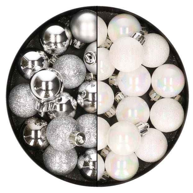 28x stuks kleine kunststof kerstballen zilver en parelmoer wit 3 cm - Kerstbal